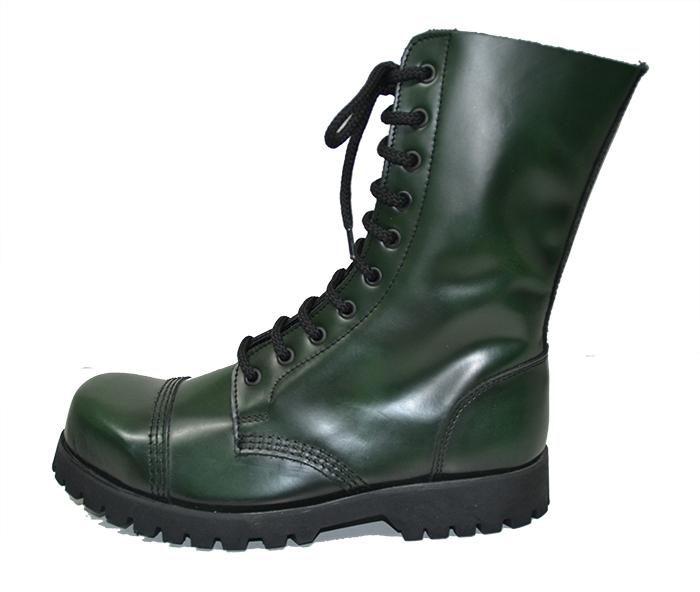 Steel cap boot. 10 eyes. Green rub off leather. Black laces.