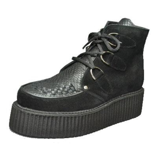 Double creeper boot. Black suede, black snake leather.